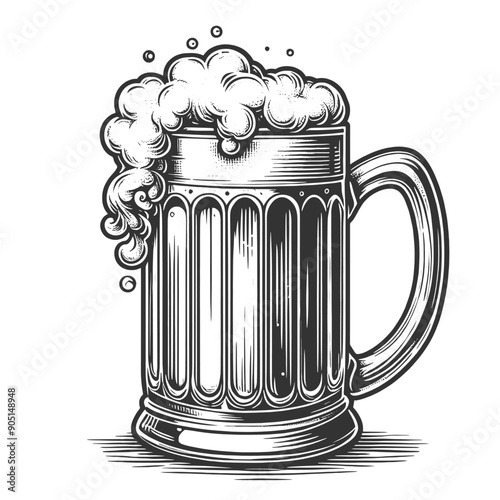 beer mug filled with foamy beer, showcasing detailed engraving style sketch engraving generative ai vector illustration. Scratch board imitation. Black and white image.