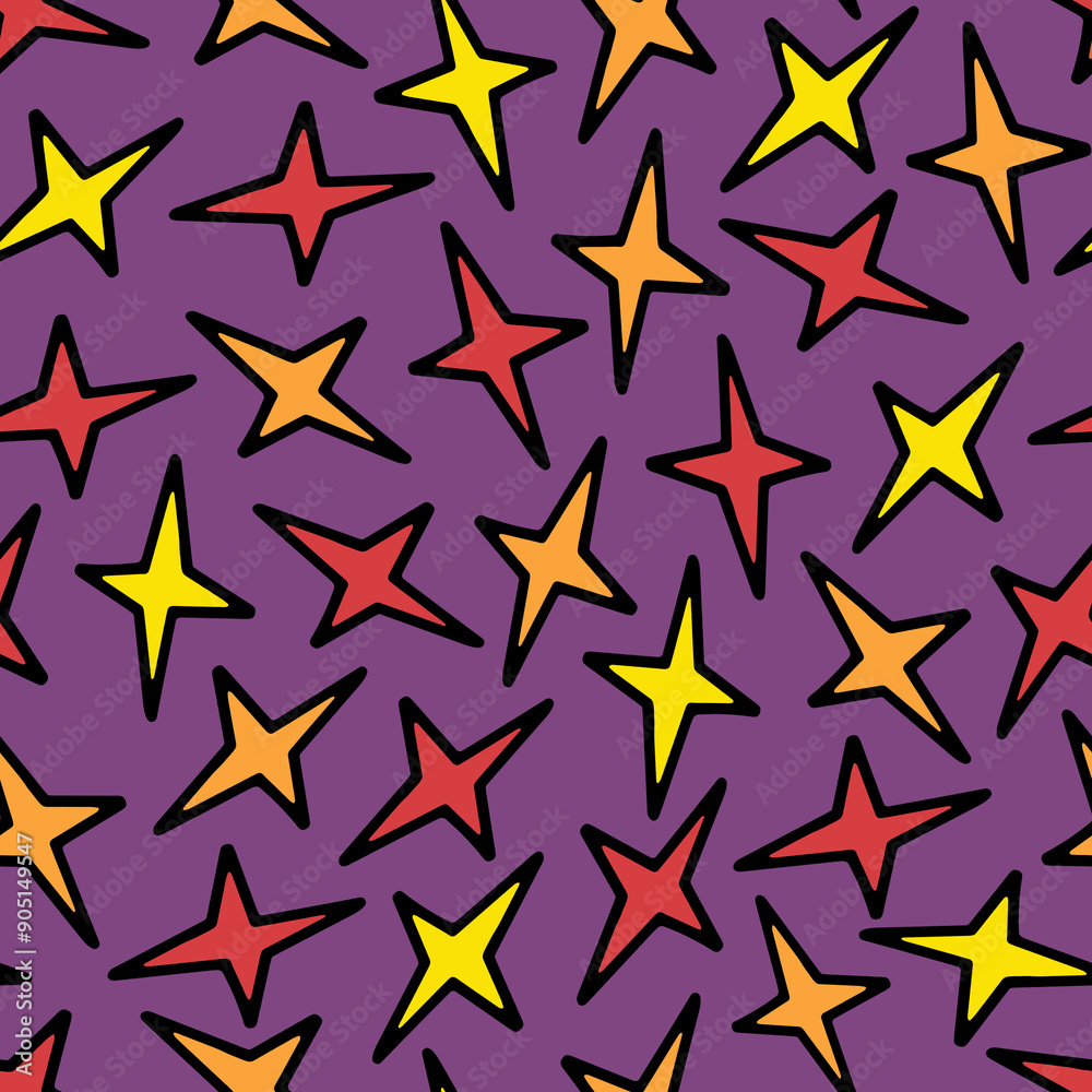 Seamless Pattern with Yellow, Orange and Red Doodle Stars. Groovy Hippie 1970s Background. Funny Cartoon Stars. Seamless Pattern in Trendy Trippy Retro Cartoon Style. Hippie 60s, 70s Style.