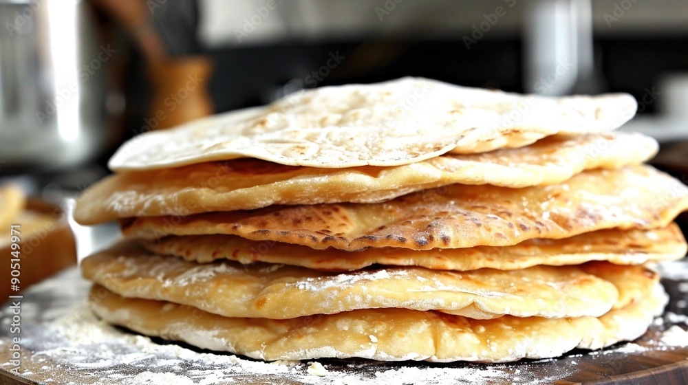 A wood cutting board holds pita bread stacks A wood cutting board holds pita bread stacks