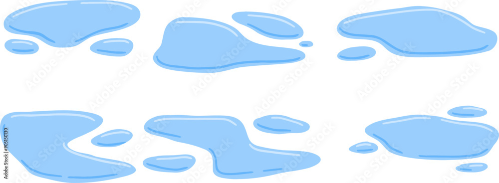 Fototapeta premium Puddle of water. Leak and blue drop. Wet blue splatter. Cartoon raindrop, icon of pond or lake. Flat cartoon set isolated on white background