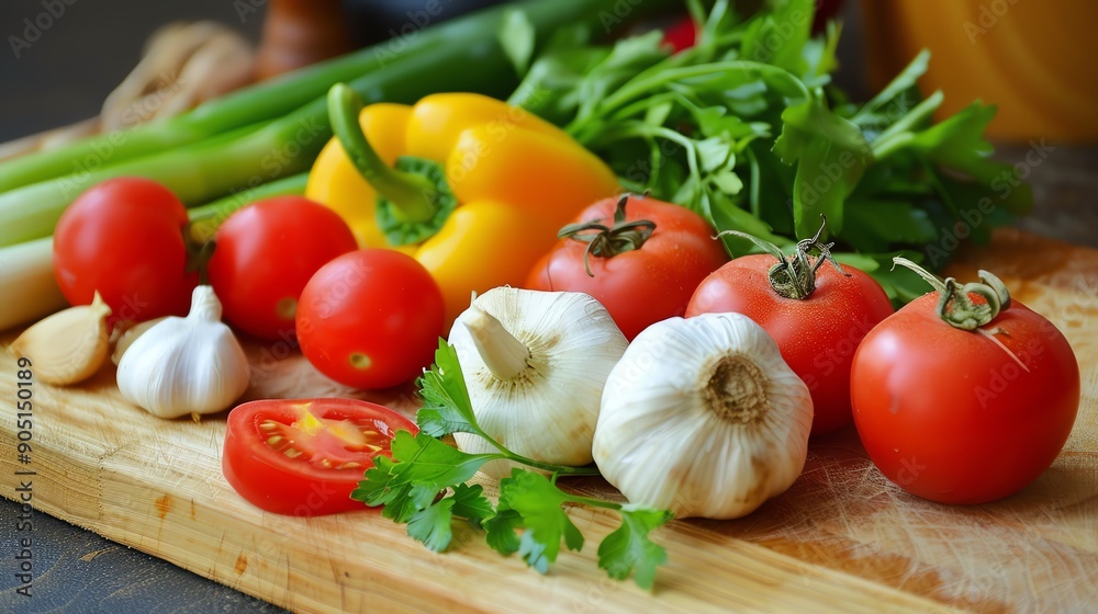 A wooden cutting board with fresh vegetables. A wooden cutting board with fresh vegetables.
