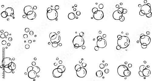 Water bubble. Outline air soap. Sketch foam drawing. Aqua sparkle, doodle pure clean underwater gas. Set of Bath effect isolated on white