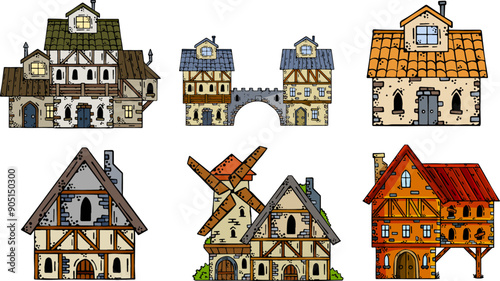 Medieval house. Village building. Old house with chimney. Sketch image of vintage european street. Cartoon retro illustration