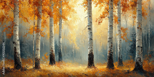 Autumn forest painting. Birch trees, white tree trunks, fall colors.