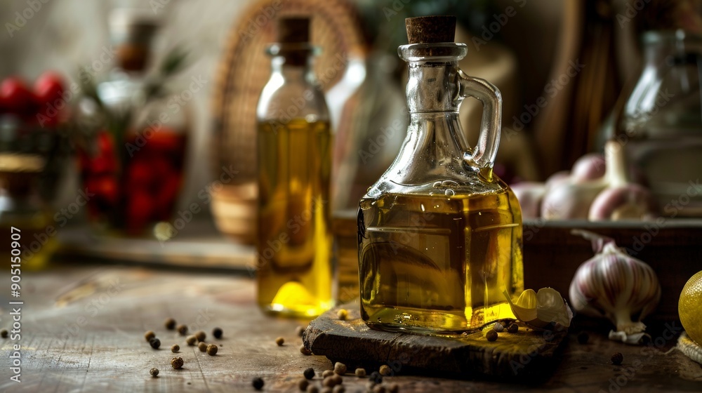 Glass bottles of olive oil with herbs on a rustic wooden table Glass bottles of olive oil with herbs on a rustic wooden table