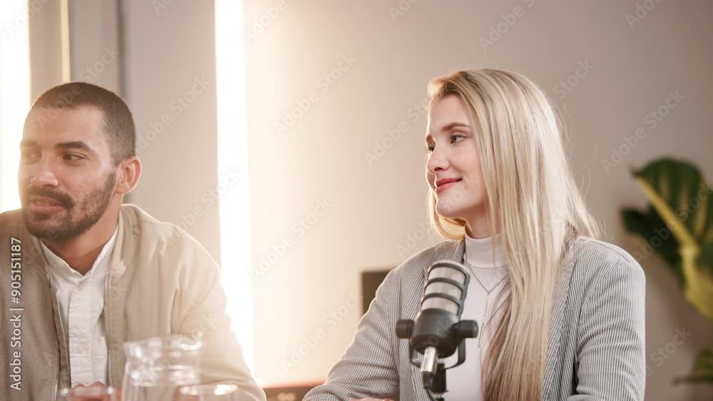 Interview, people and microphone on podcast or broadcast for youth empowerment and business talk. Presenter, men and woman with guest on online talk show or live streaming on career advice in speedup Interview, people and microphone on podcast or broadcast for youth empowerment and business talk. Presenter, men and woman with guest on online talk show or live streaming on career advice in speedup