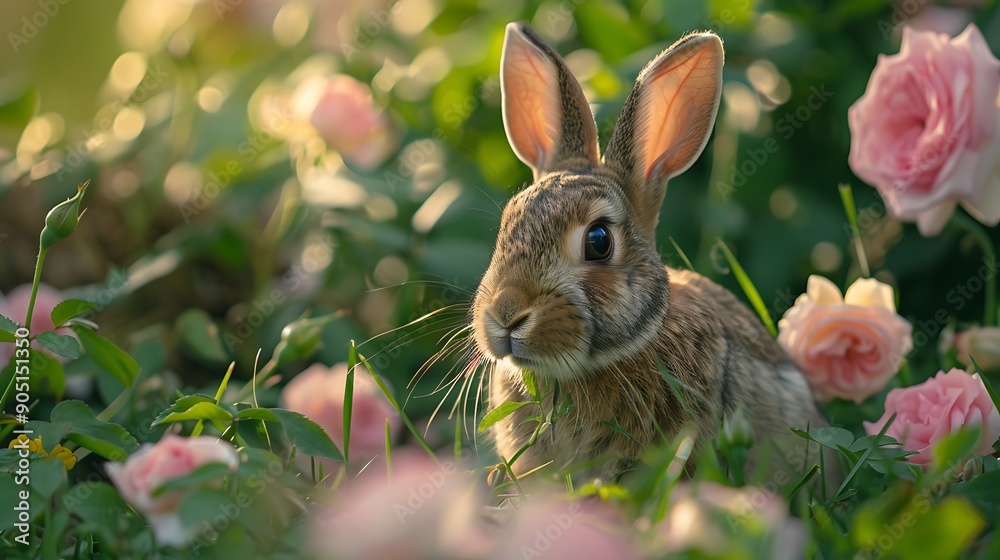 A peaceful moment of a rabbit eating fresh vegetables in a garden, with a background of blooming roses and tall grass. The soft evening light creates a warm and cozy atmosphere. A peaceful moment of a rabbit eating fresh vegetables in a garden, with a background of blooming roses and tall grass. The soft evening light creates a warm and cozy atmosphere.