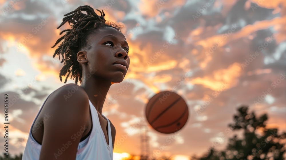 Black female athlete with basketball under beautiful sunset light Black female athlete with basketball under beautiful sunset light