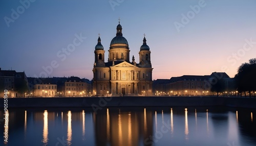 Basilica of St. Nicholas reflected in the Amstel river under a starry sky