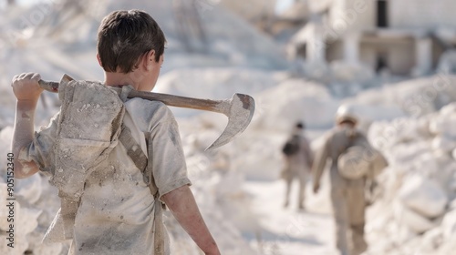 Wallpaper Mural Back view of a boy with a pickaxe over his shoulder, walking through the mine, soft-focus background highlighting the perilous environment, child labor. Torontodigital.ca