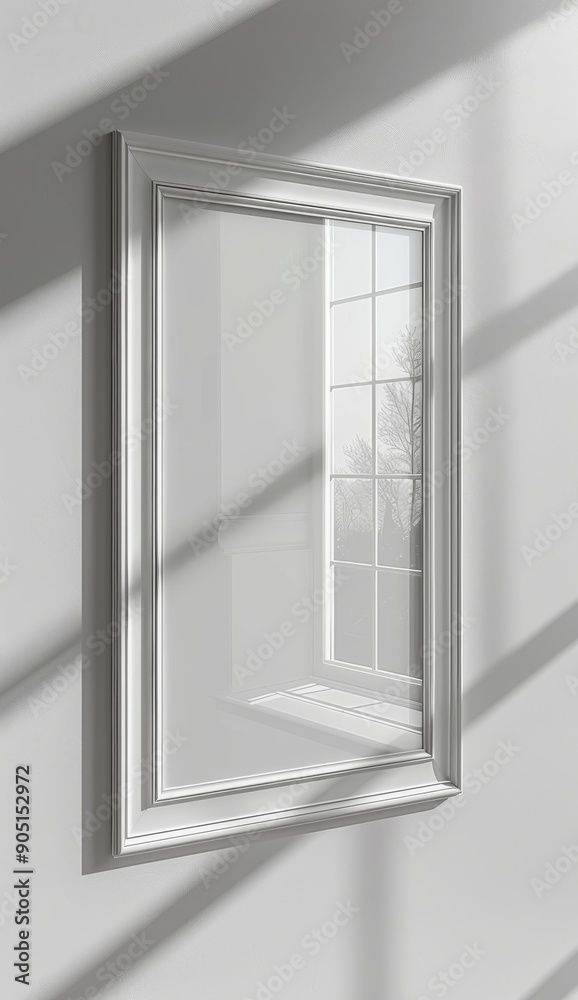 Elegant white picture frame hanging on the wall with sunlight streaming through the window Elegant white picture frame hanging on the wall with sunlight streaming through the window