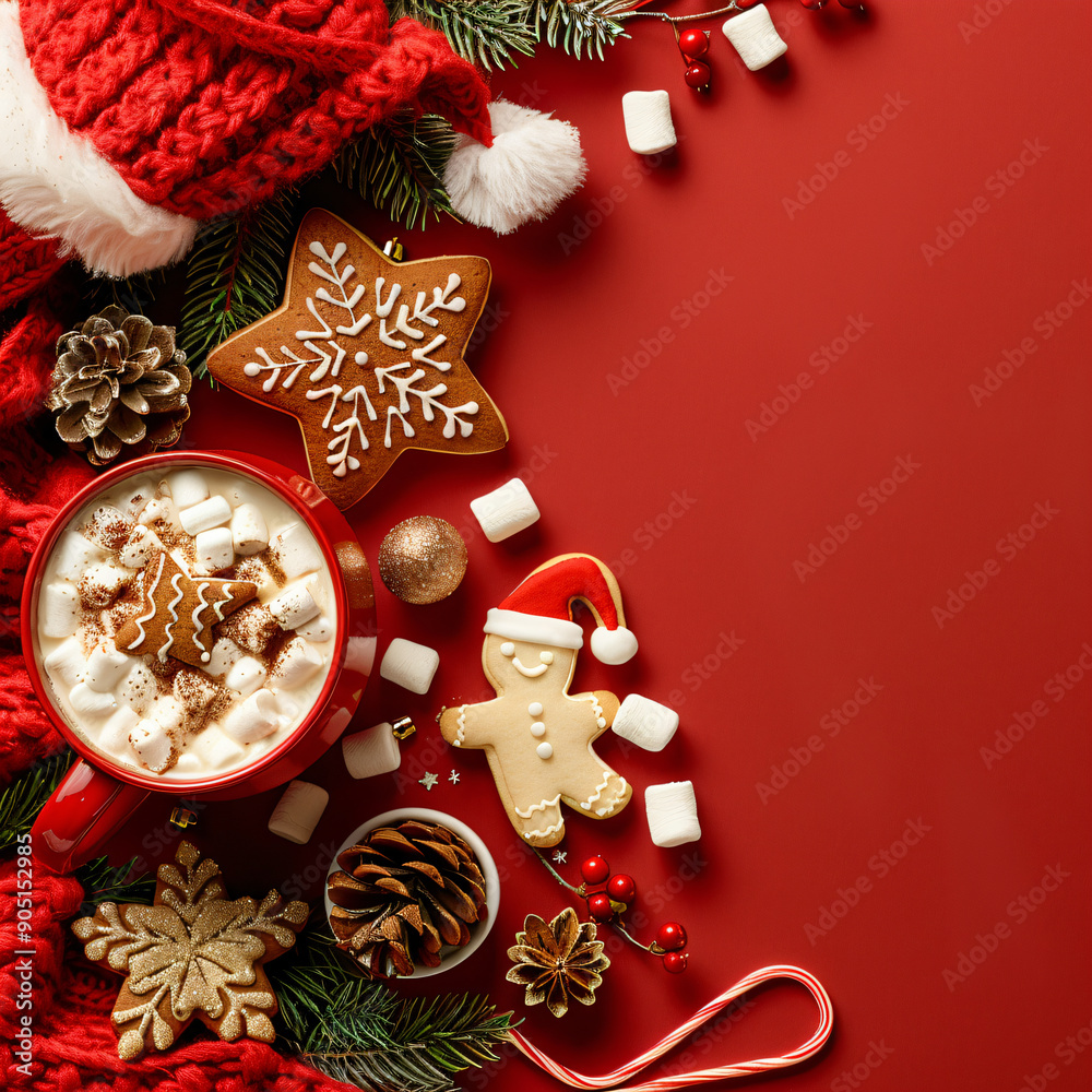 Flat lay of Christmas hot chocolate with marshmallows, gingerbread cookies, and pine cones on red background. Christmas and holiday concept. Design for greeting cards and posters. With copy space Flat lay of Christmas hot chocolate with marshmallows, gingerbread cookies, and pine cones on red background. Christmas and holiday concept. Design for greeting cards and posters. With copy space