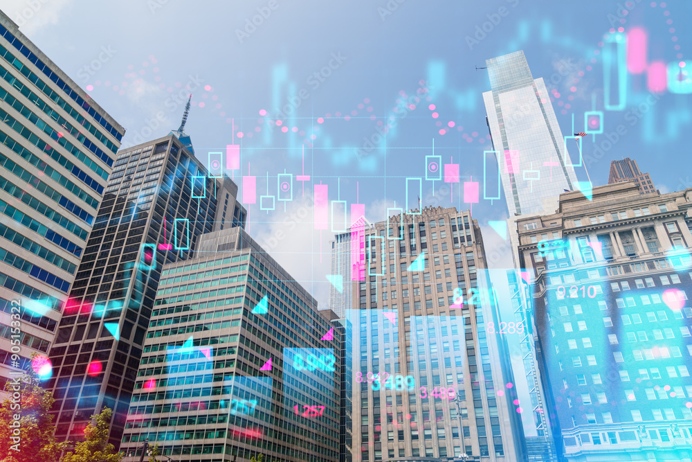 Obraz premium Modern city skyscrapers with digital financial chart overlay.