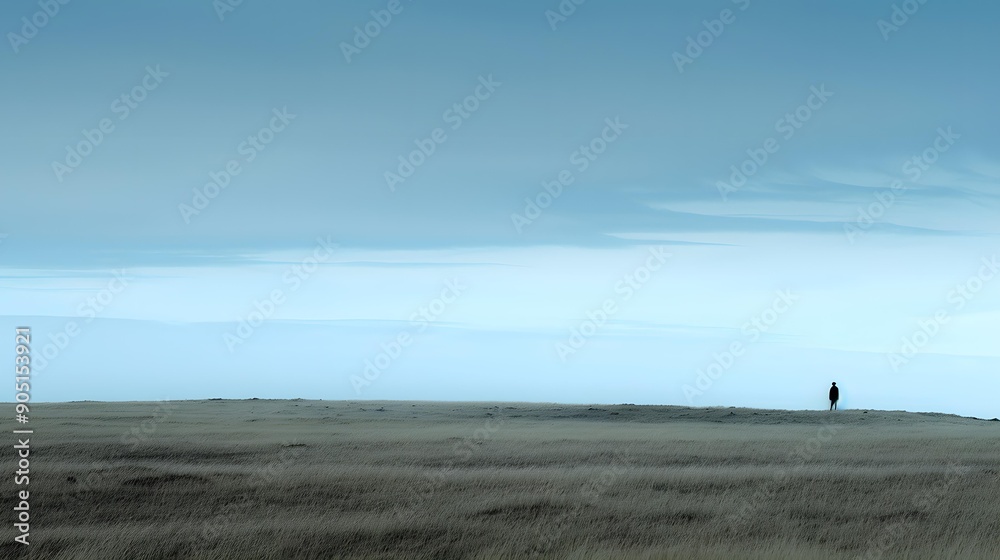Fototapeta premium Single Figure Standing in Field with Cloudy Sky
