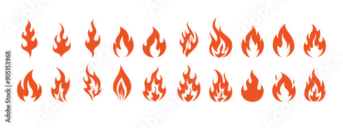 Fire symbols isolated icon flat set on white background. Blaze silhouette element