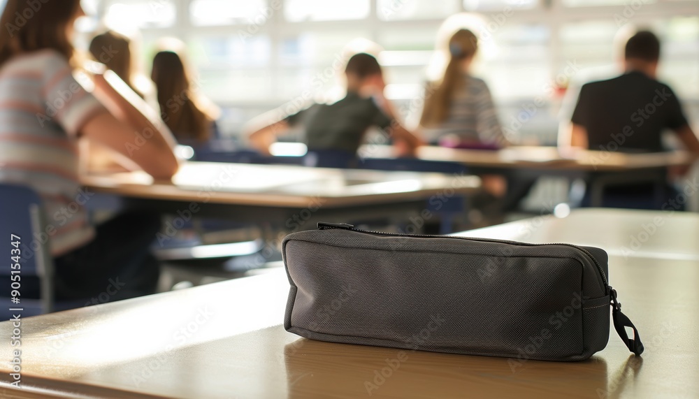 Black Pencil Case on a Classroom Desk with Students in the Background Black Pencil Case on a Classroom Desk with Students in the Background