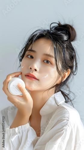 Young Asian Woman Applying Face Cream Beauty Skincare Routine photo