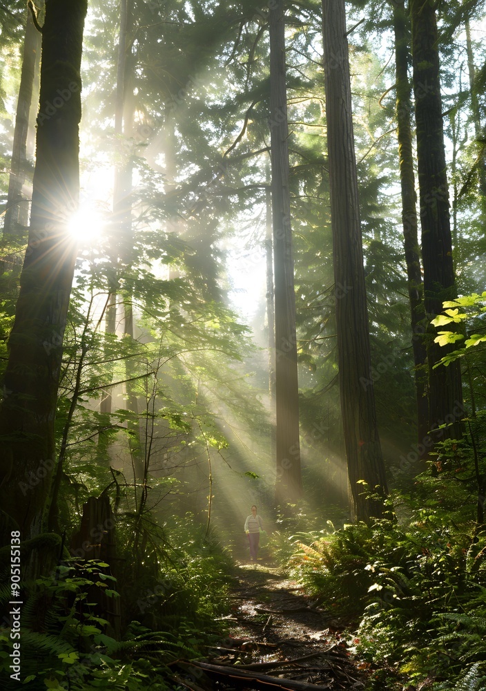 Obraz premium Sunlight Through the Trees in a Foggy Forest