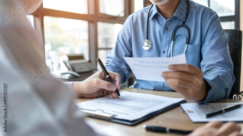 Insurance agent explaining medical coverage benefits and policies to a customer.