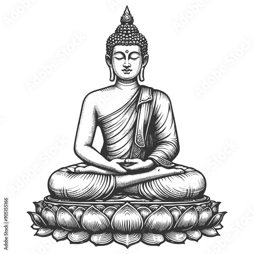 serene Buddha statue sitting in a meditative pose with a peaceful expression sketch engraving generative ai fictional character vector illustration. Scratch board imitation. Black and white image.