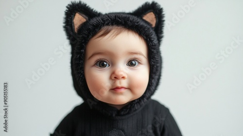 Adorable baby wearing a black cat costume with fuzzy ears, gazing directly at the camera with wide, innocent eyes. Cute Halloween outfit for infants.