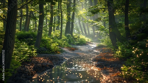 A peaceful woodland scene with a babbling brook winding its way through a dense thicket of trees, with sunlight filtering through the leaves and dappling the surface of the water below.