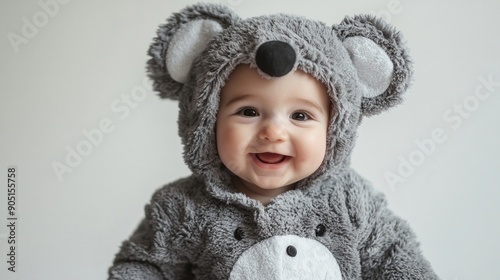 Adorable baby dressed in a fluffy gray koala costume smiles joyfully at the camera, showcasing pure innocence and happiness in a heartwarming portrait.