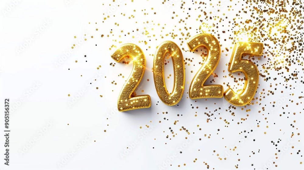 Golden 2025 number balloons surrounded by glittering confetti on white background, symbolizing New Year celebration and festive anticipation. Golden 2025 number balloons surrounded by glittering confetti on white background, symbolizing New Year celebration and festive anticipation.
