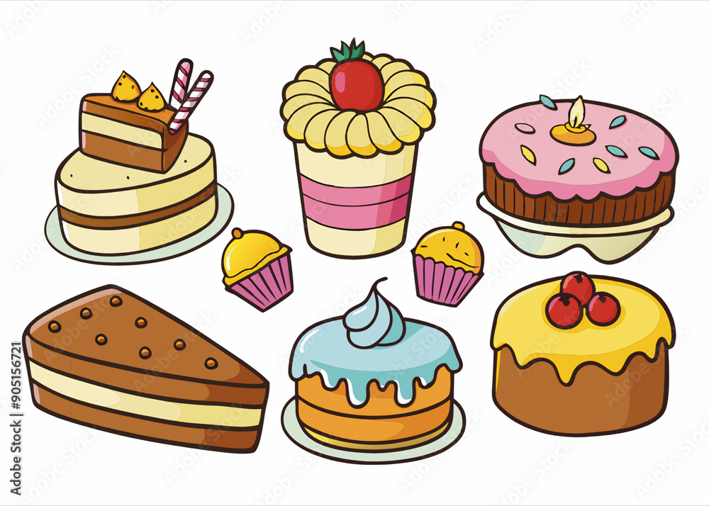 set of cakes, cupcake, sweet, vector, dessert, chocolate, food, muffin, cream, birthday, bakery, illustration, cherry, pattern