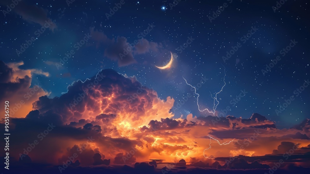 Dramatic night sky with storm clouds, lightning, stars, and a serene crescent moon over a glowing horizon Dramatic night sky with storm clouds, lightning, stars, and a serene crescent moon over a glowing horizon