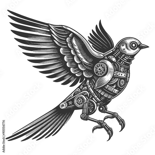mechanical bird with steampunk elements, featuring gears, metal plates, and intricate details sketch engraving generative ai vector illustration. Scratch board imitation. Black and white image.
