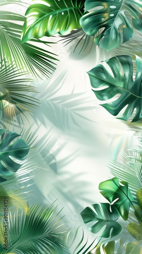 Lush green tropical leaves with shadows on a light background. photo