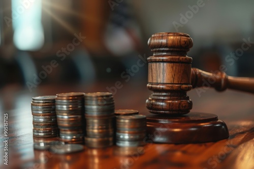 Gavel with stacked coins on wooden desk in courtroom