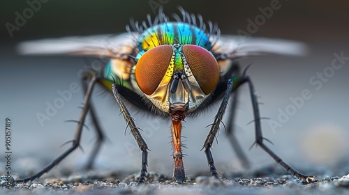 Close-up macro photograph of a colorful insect, featuring intricate details of its large compound eyes, vibrant body, and fine body hairs, highlighting the complexity and beauty of insect anatomy and photo