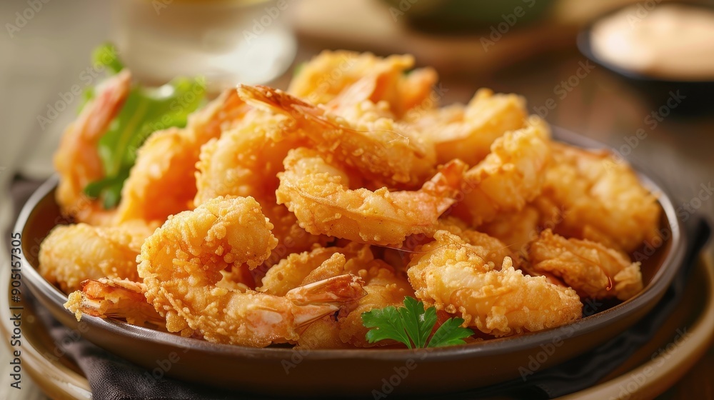 Delicious crispy fried shrimp served on a brown plate, garnished with green herbs and a dipping sauce on the side. Delicious crispy fried shrimp served on a brown plate, garnished with green herbs and a dipping sauce on the side.