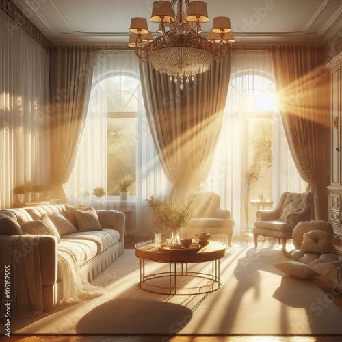 5 1 Morning sun rays streaming through sheer curtains casting a photo