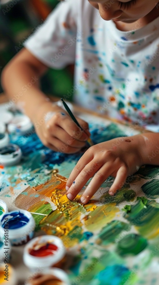 Young artist's hands creating vibrant masterpiece, paintbrush gliding over colorful palette of blues, greens, and yellows, splattered t-shirt evidence of creative passion. Young artist's hands creating vibrant masterpiece, paintbrush gliding over colorful palette of blues, greens, and yellows, splattered t-shirt evidence of creative passion.
