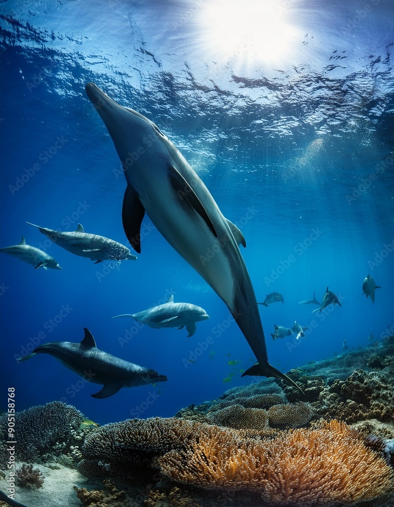 Fototapeta premium Dolphins, whales, and other sea creatures in their natural settings