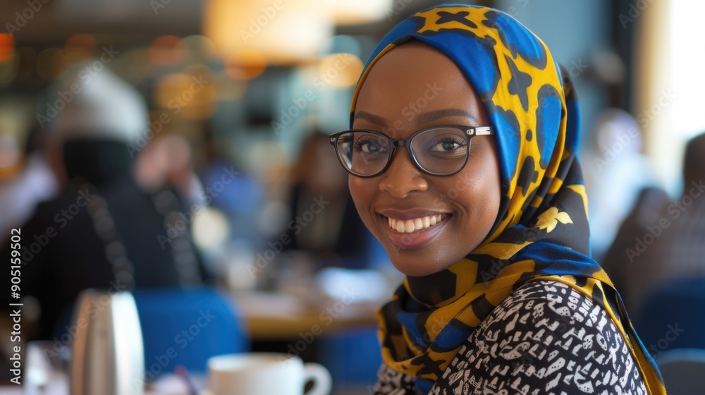 African American woman wearing a hijab smiling while sitting at a table with other people in a conference room African American woman wearing a hijab smiling while sitting at a table with other people in a conference room
