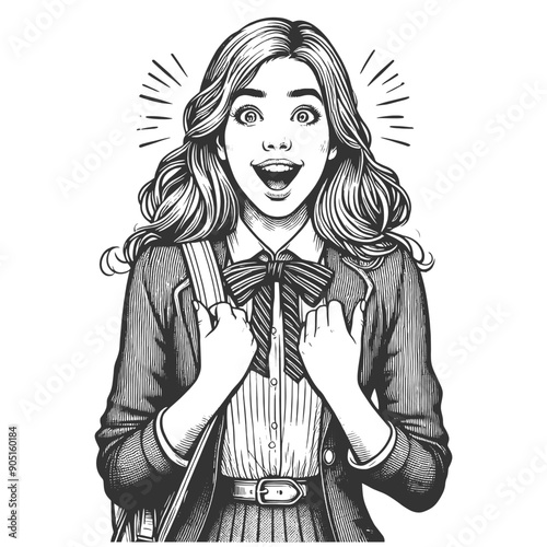 excited young woman with long hair, wearing a school uniform and a backpack, expressing surprise sketch engraving generative ai vector illustration. Scratch board imitation. Black and white image.