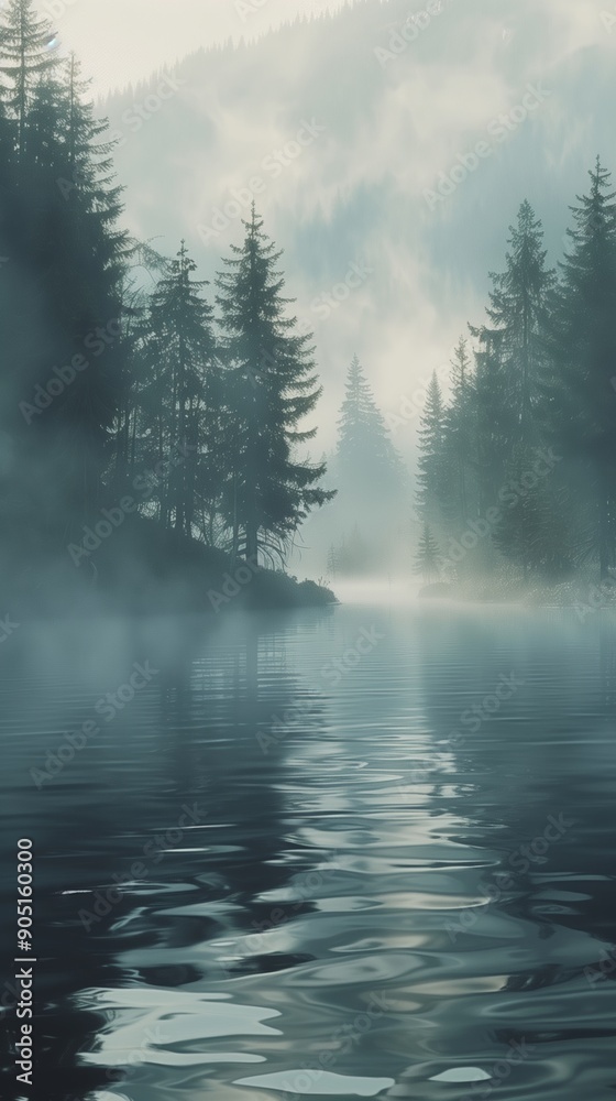 Misty morning in a tranquil forest with a serene lake surrounded by pine trees. Misty morning in a tranquil forest with a serene lake surrounded by pine trees.