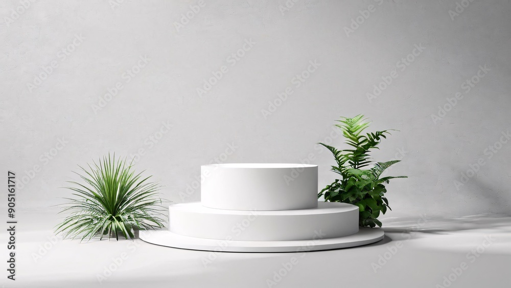 Minimalist White Podium with Green Plants for Product Display