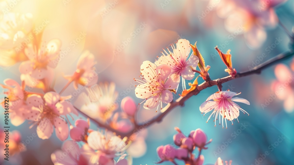 Blossoming pink cherry flowers on a tree branch bathing in warm sunlight create a dreamy, vibrant spring scene. Blossoming pink cherry flowers on a tree branch bathing in warm sunlight create a dreamy, vibrant spring scene.