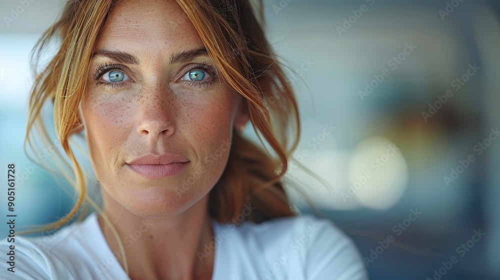 A close-up portrait of a woman with striking blue eyes and freckles, captured in natural light, highlighting her auburn hair and fair complexion, with a serene and thoughtful expression on her face A close-up portrait of a woman with striking blue eyes and freckles, captured in natural light, highlighting her auburn hair and fair complexion, with a serene and thoughtful expression on her face
