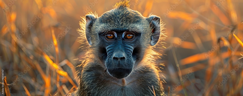 Fototapeta premium A captivating close-up of a solitary baboon with striking orange eyes, illuminated by the golden light of sunset in a natural, grassy habitat