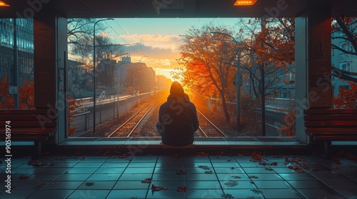 A person sits in contemplation at a serene train station during a stunning autumn sunrise, with colorful leaves and urban architecture in the background