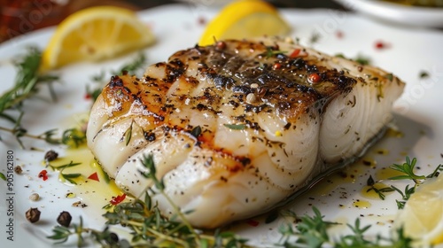 Fresh atlantic wolffish Steak with herbs and spices photo