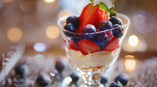 A dessert with a strawberry and blueberry in a heart shaped glass photo