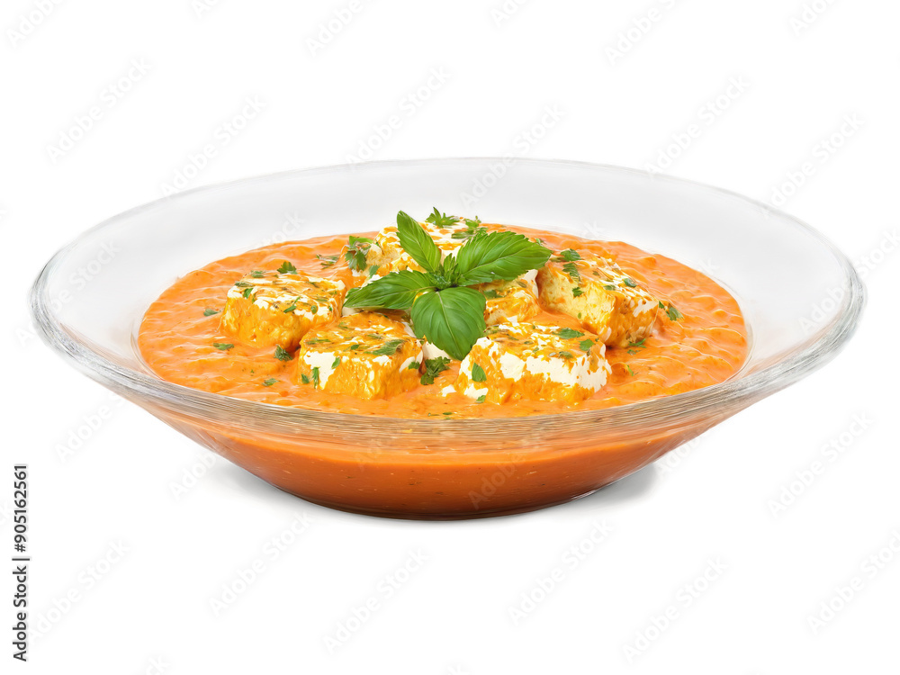 Shahi Paneer with a rich tomato cream sauce served on a transparent glass dish royal Shahi Paneer with a rich tomato cream sauce served on a transparent glass dish royal