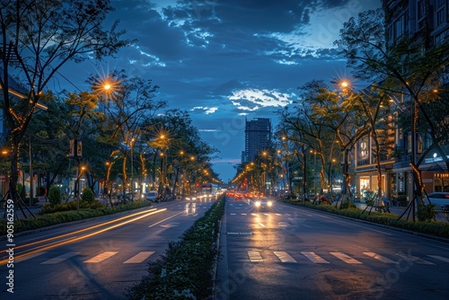 A bustling urban street illuminated by warm streetlights at twilight with vehicles speeding past, lined with buildings and trees under a vibrant evening sky